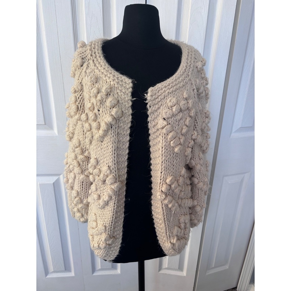 EN CREME Textured heart Bobble Knit Cream Cardigan Sweater Cream Beige S/M